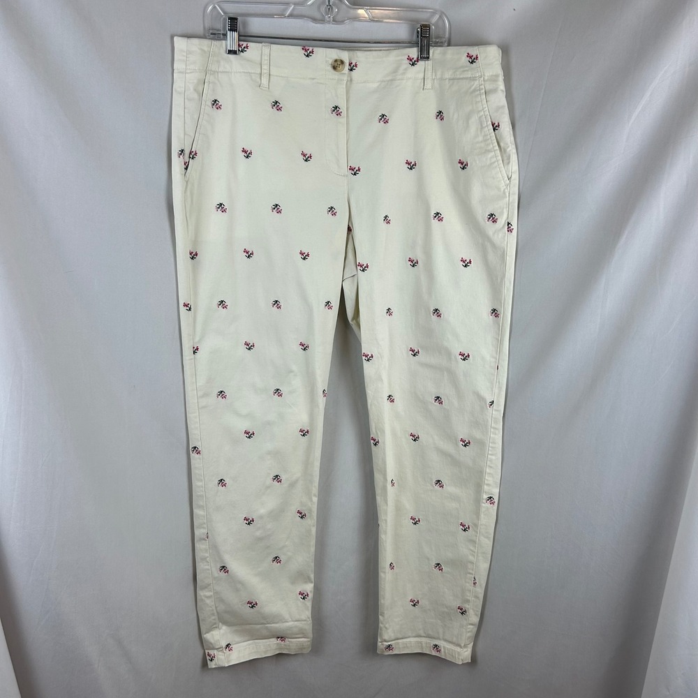 Talbots Womens 16 Relaxed Chino Pants Ivory Pink Floral Embroidered Straight Leg - Picture 2 of 9